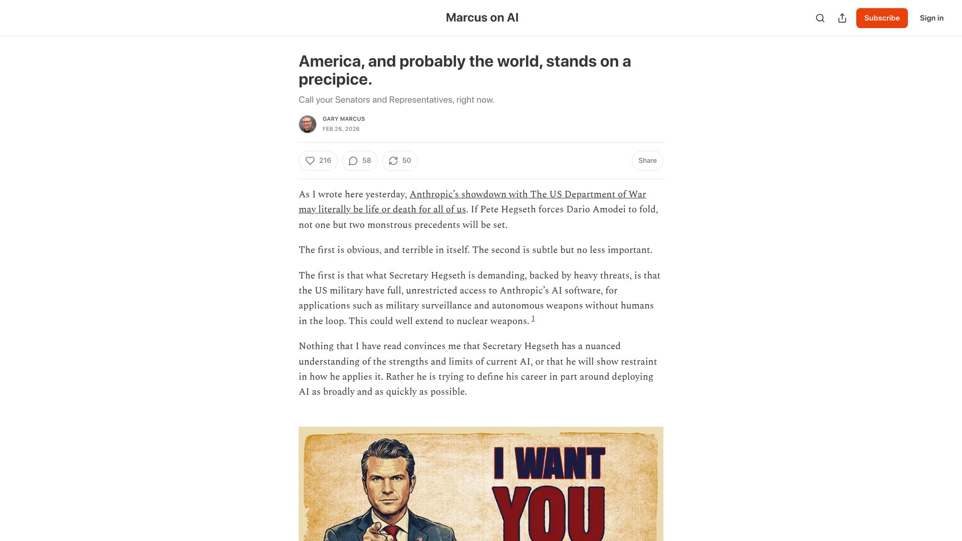 Screenshot of garymarcus.substack.com: America, and probably the world, stands on a precipice