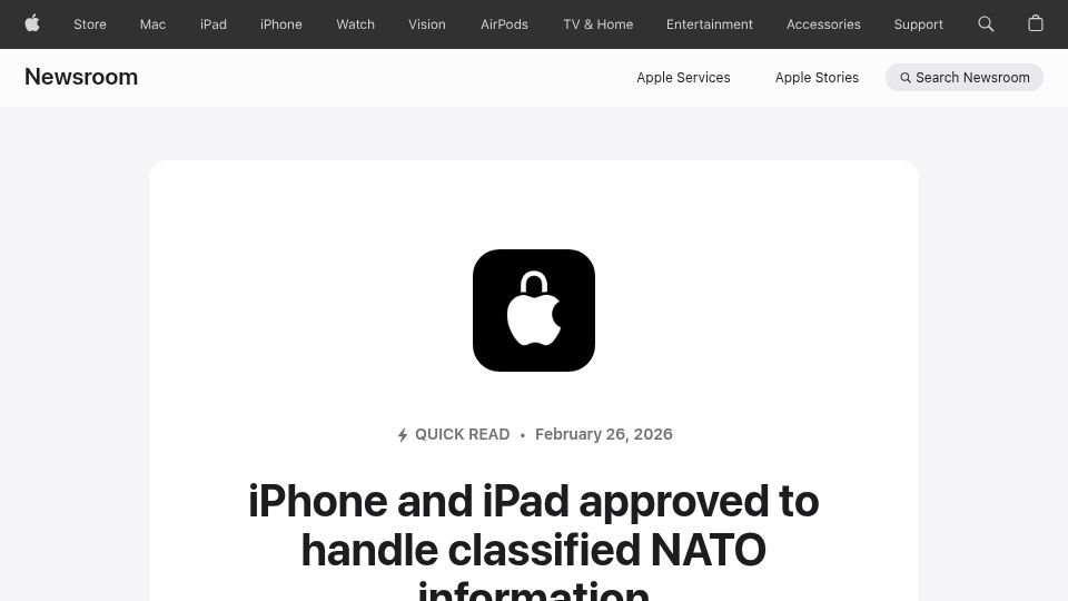 Screenshot of apple.com: iPhone and iPad approved to handle classified NATO information