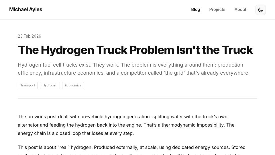 Screenshot of mikeayles.com: The Hydrogen Truck Problem Isn't the Truck