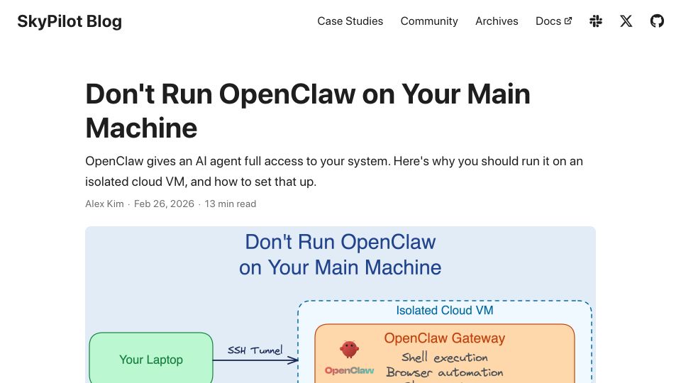 Screenshot of blog.skypilot.co: Setting up OpenClaw on a cloud VM