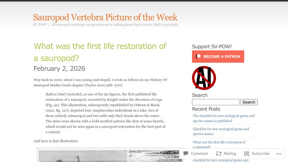 Screenshot of svpow.com: What was the first life restoration of a sauropod?