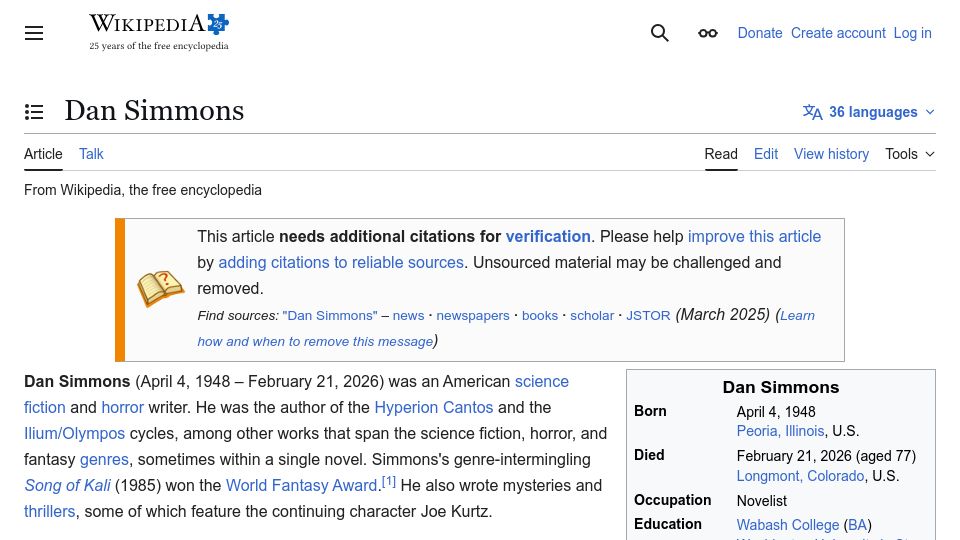 Screenshot of dignitymemorial.com: Dan Simmons, author of Hyperion, has died
