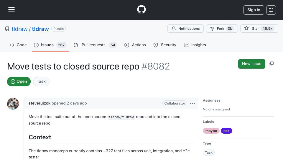 Screenshot of github.com: Move tests to closed source repo