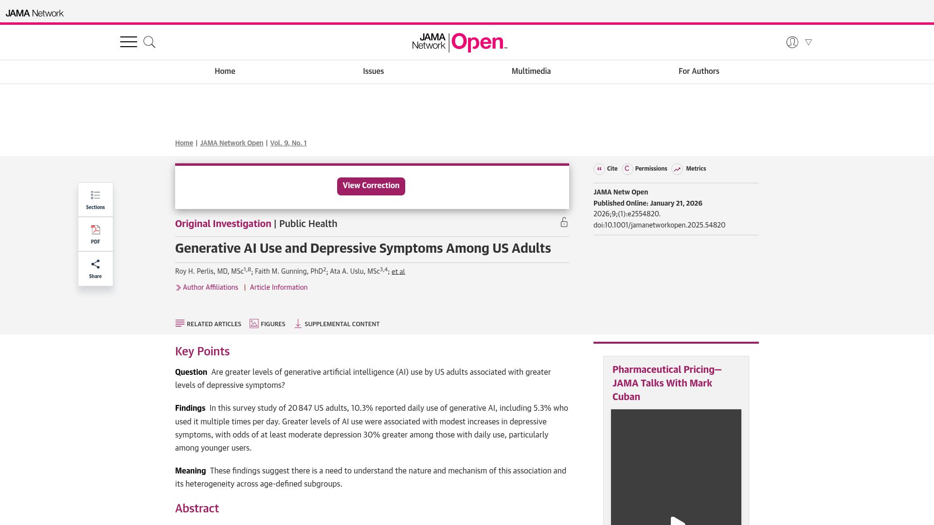 Screenshot of jamanetwork.com: Generative AI Use and Depressive Symptoms Among US Adults
