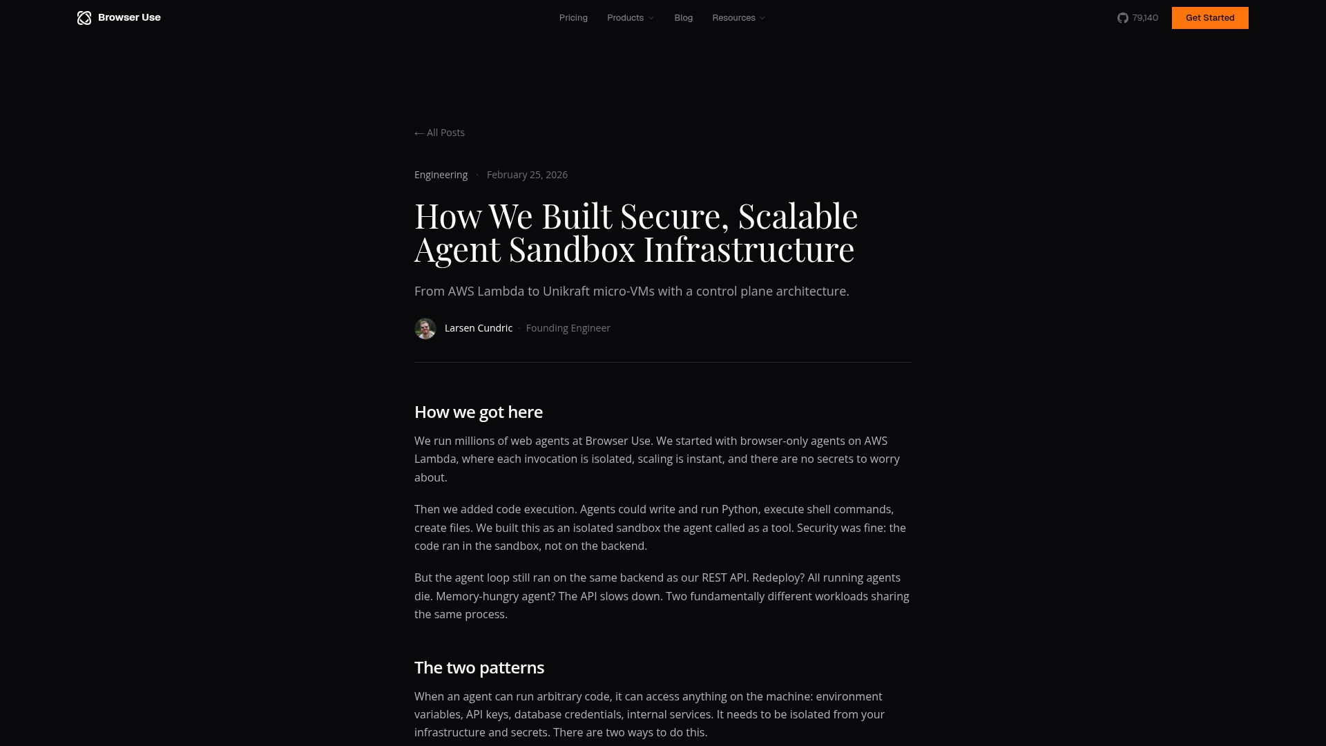 Screenshot of browser-use.com: Building secure, scalable agent sandbox infrastructure
