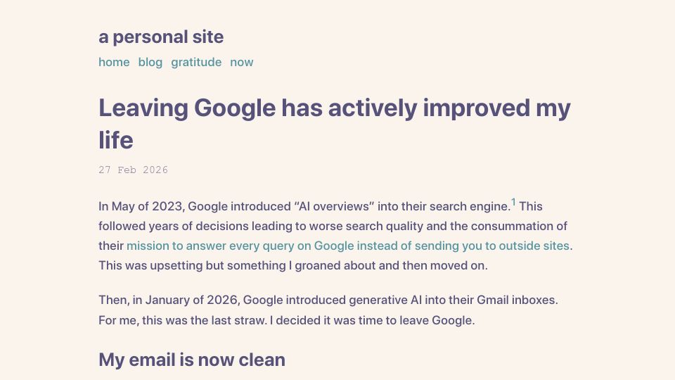 Screenshot of pseudosingleton.com: Leaving Google has actively improved my life