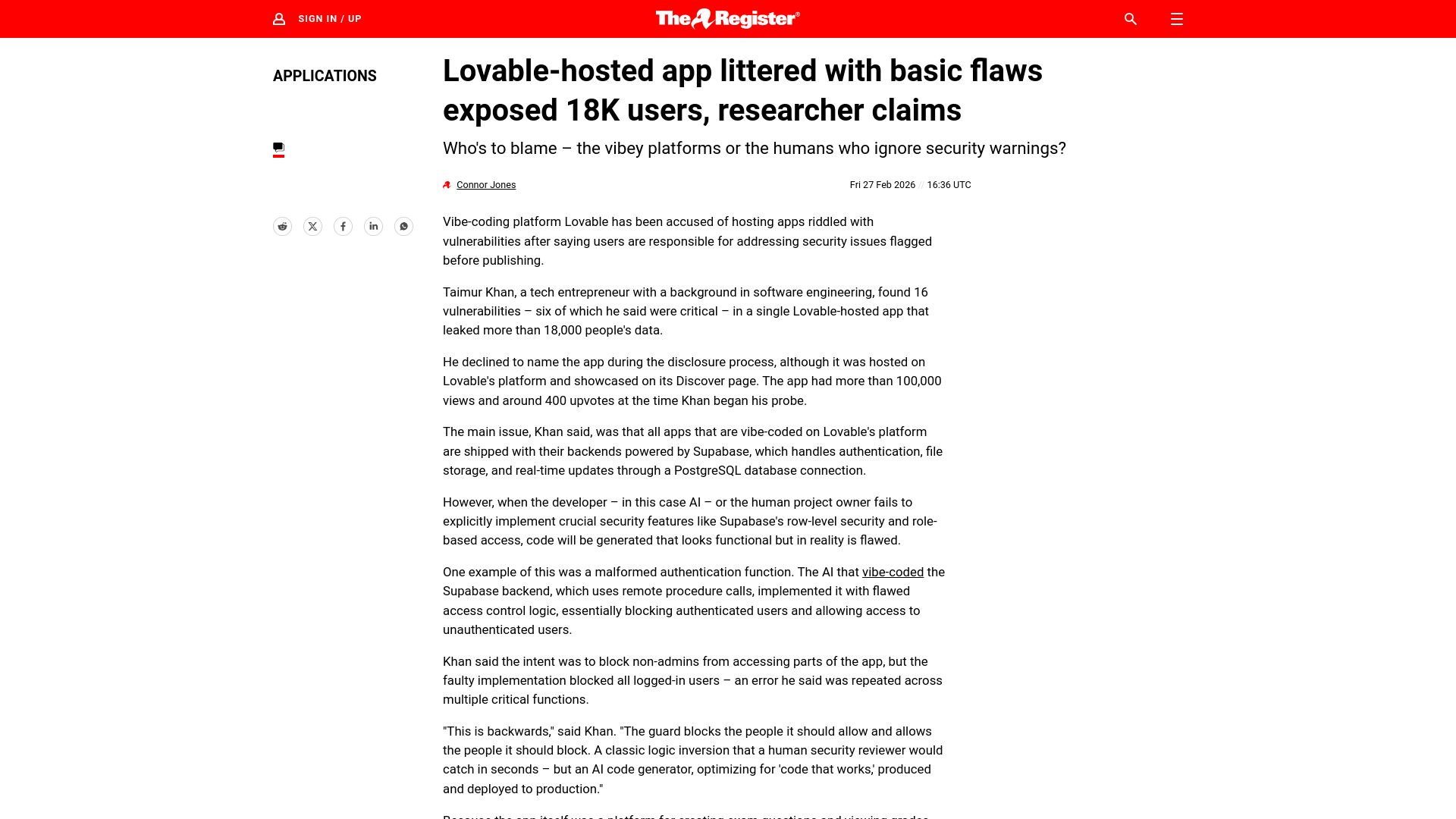 Screenshot of theregister.com: Vibe coded Lovable-hosted app littered with basic flaws exposed 18K users