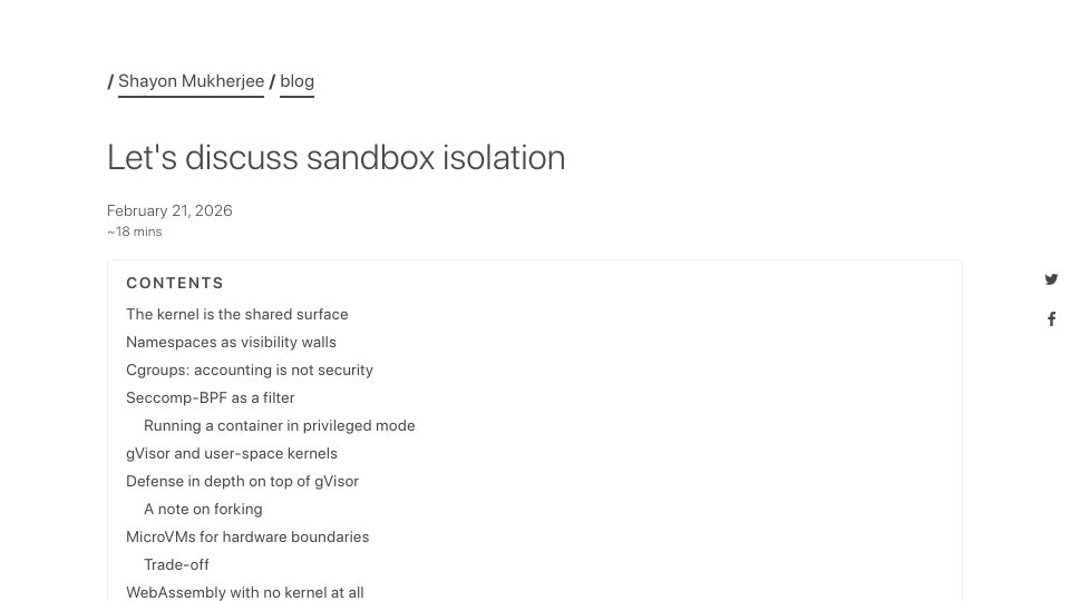 Screenshot of shayon.dev: Let's discuss sandbox isolation