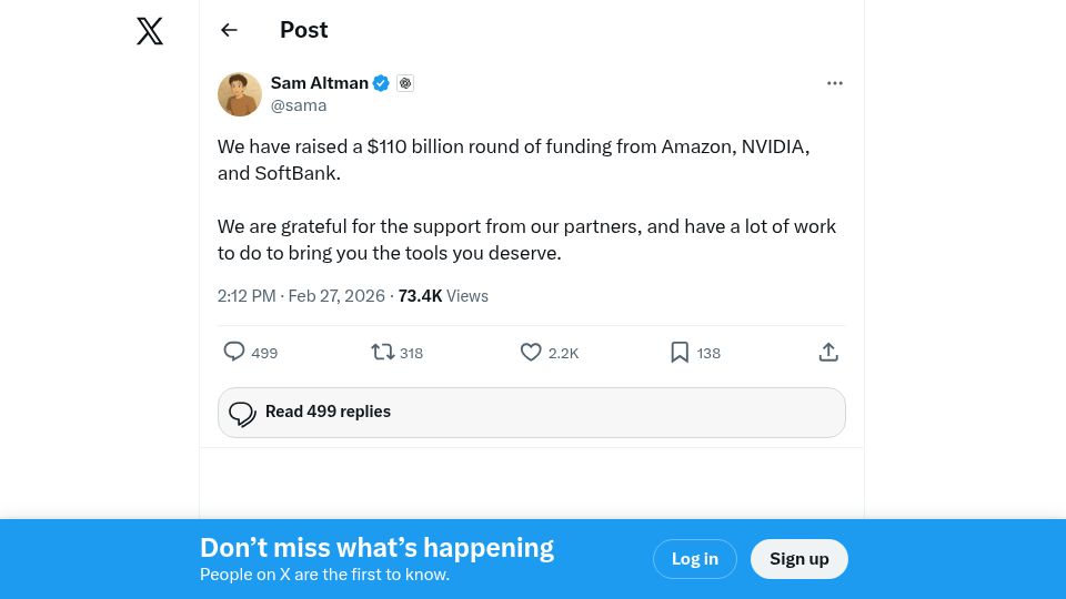 Screenshot of twitter.com: Sam Altman: We raised a $110B round from Amazon, Nvidia, SoftBank