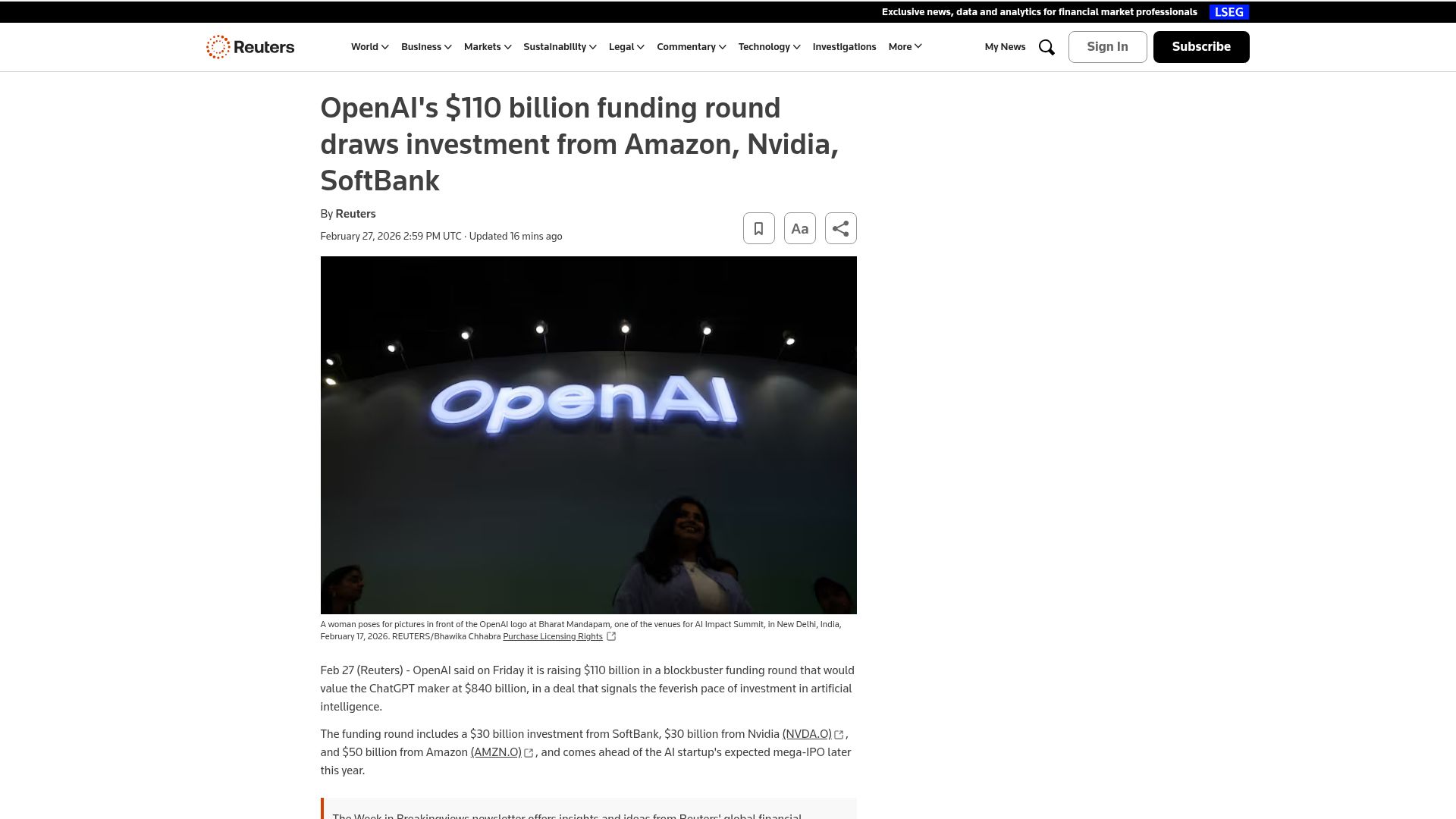 Screenshot of reuters.com: OpenAI's $110B funding round (investments from Amazon, Nvidia, SoftBank)