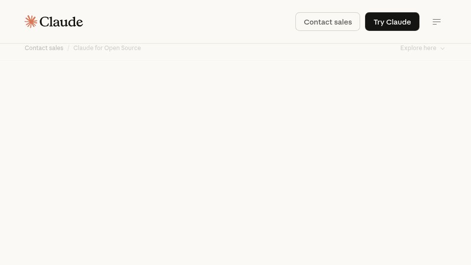 Screenshot of claude.com: Get free Claude max 20x for open-source maintainers
