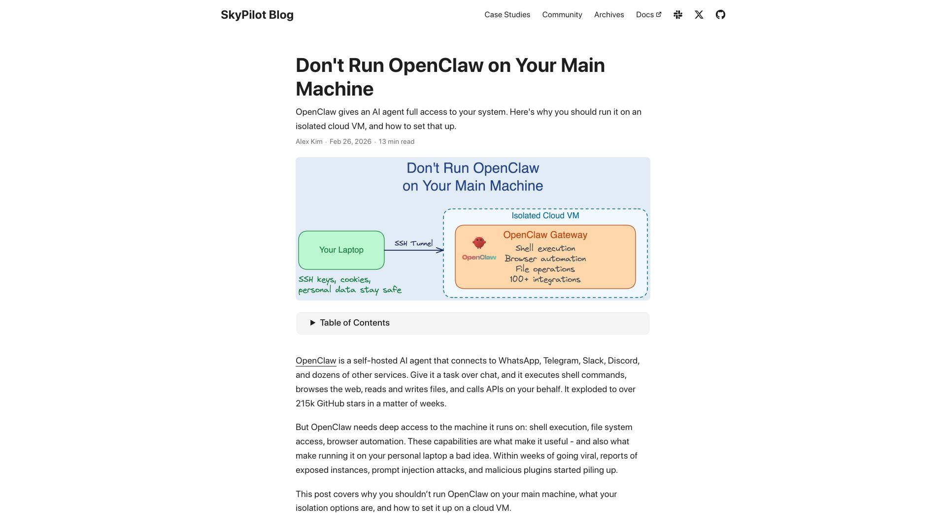 Screenshot of blog.skypilot.co: Setting up OpenClaw on a cloud VM