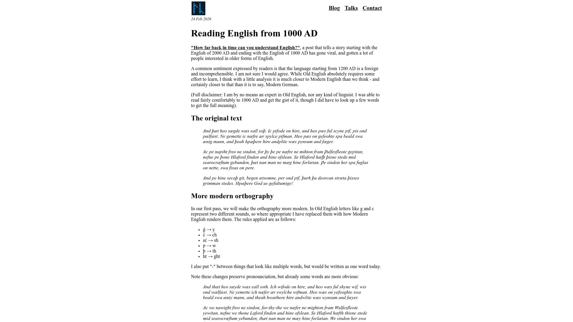 Screenshot of lewiscampbell.tech: Reading English from 1000 AD