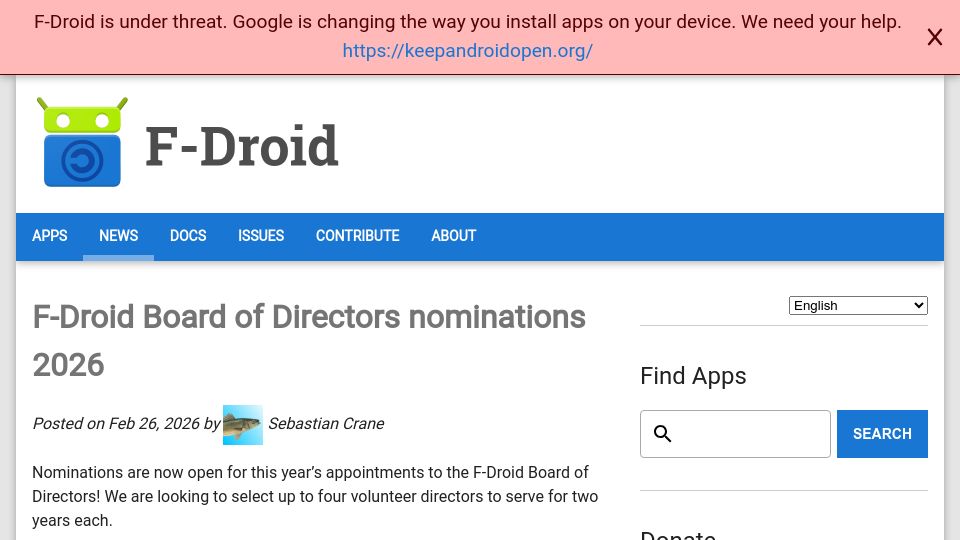 Screenshot of f-droid.org: F-Droid Board of Directors nominations 2026