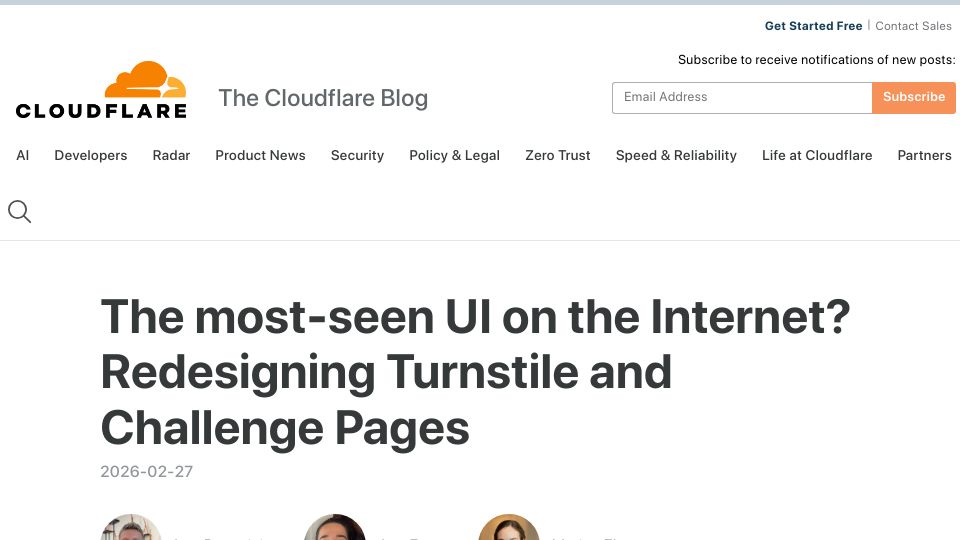 Screenshot of blog.cloudflare.com: The Most-Seen UI on the Internet? Redesigning Turnstile and Challenge Pages