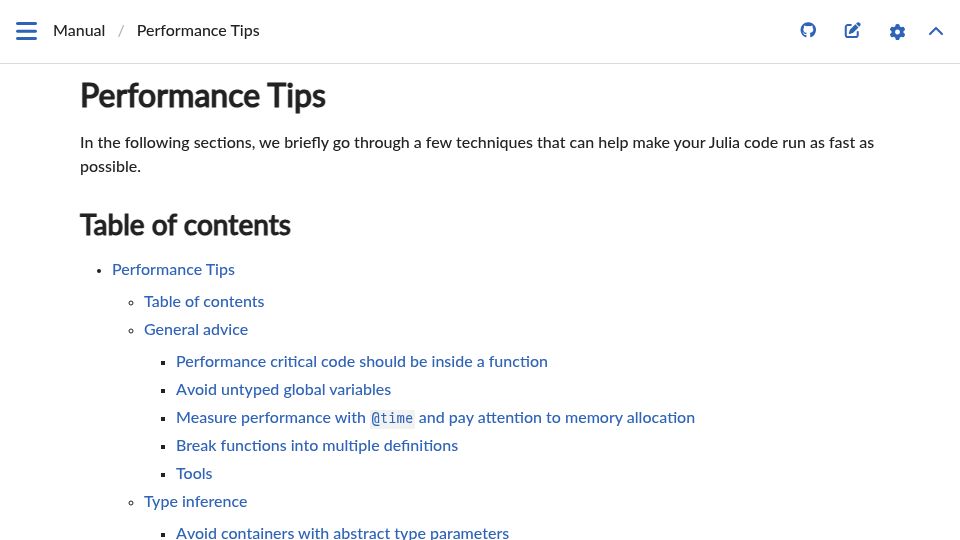 Screenshot of docs.julialang.org: Julia: Performance Tips