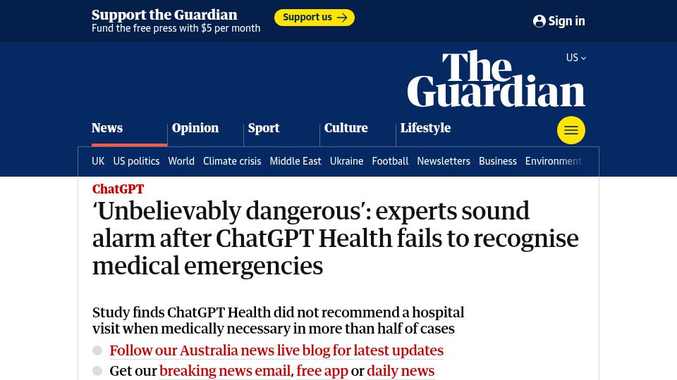 Screenshot of theguardian.com: ChatGPT Health fails to recognise medical emergencies – study