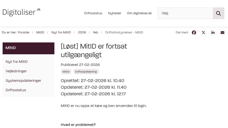 Screenshot of Hacker News post: Tell HN: MitID, Denmark's digital ID, was down