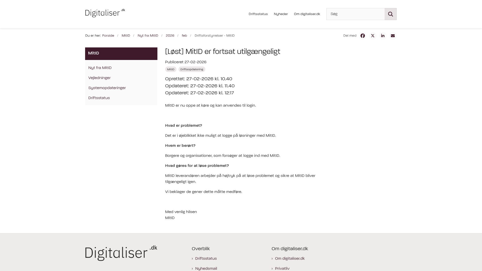 Screenshot of this Hacker News post: Tell HN: MitID, Denmark's digital ID, was down
