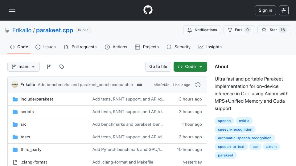 Screenshot of github.com: Parakeet.cpp – Parakeet ASR inference in pure C++ with Metal GPU acceleration
