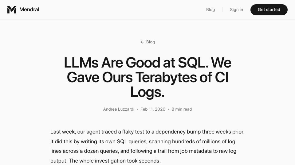 Screenshot of mendral.com: We gave terabytes of CI logs to an LLM
