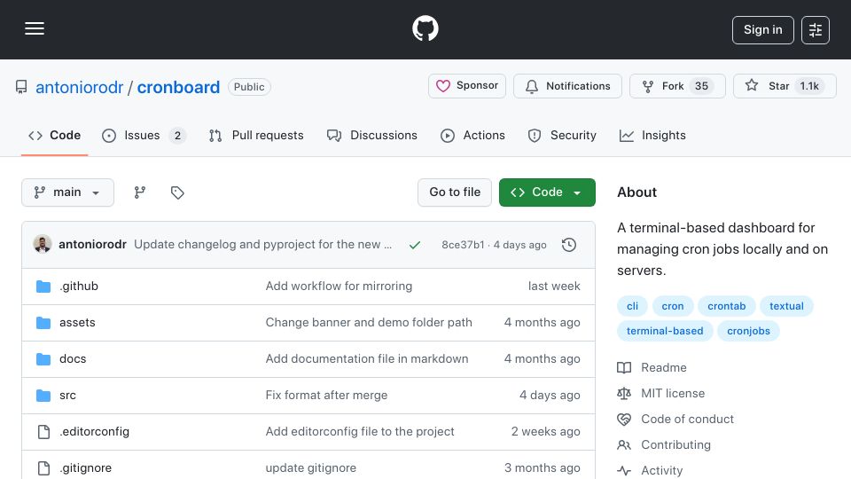 Screenshot of github.com: Cronboard: A terminal-based dashboard for managing cron jobs