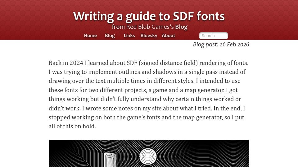 Screenshot of redblobgames.com: Writing a Guide to SDF Fonts