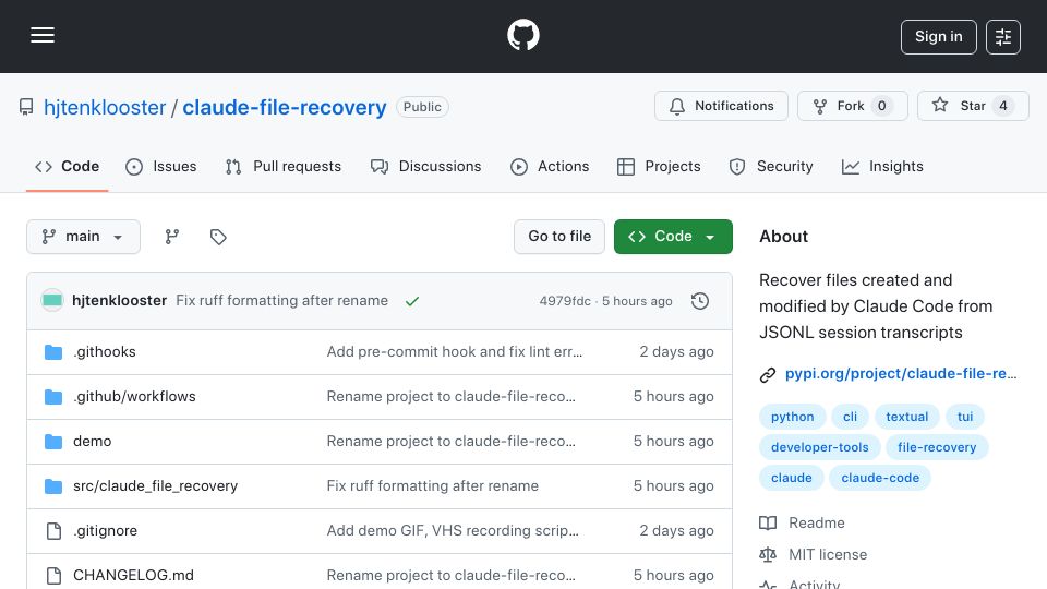 Screenshot of github.com: Show HN: Claude-File-Recovery, recover files from your ~/.claude sessions