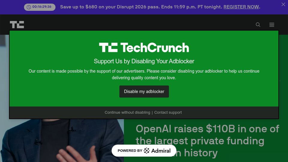 Screenshot of techcrunch.com: OpenAI raises $110B on $730B pre-money valuation
