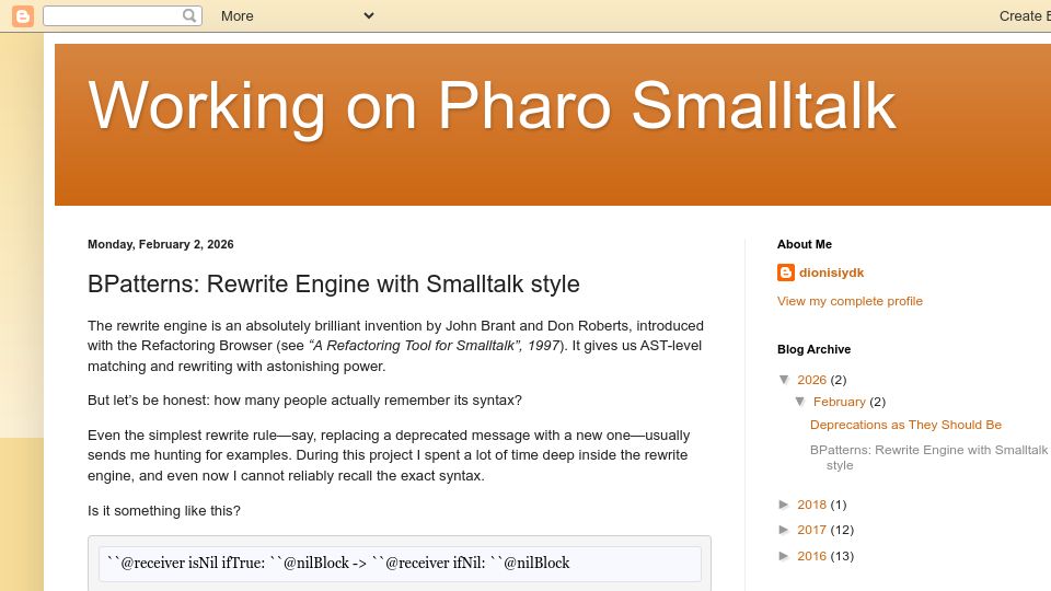 Screenshot of dionisiydk.blogspot.com: Working on Pharo Smalltalk: BPatterns: Rewrite Engine with Smalltalk Style