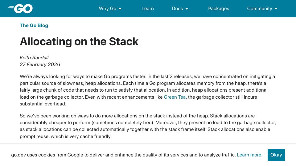 Screenshot of go.dev: Allocating on the Stack