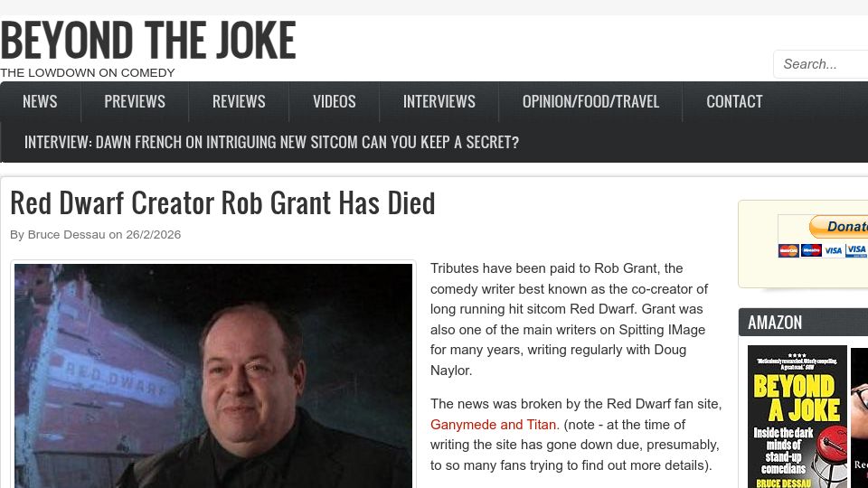 Screenshot of beyondthejoke.co.uk: Rob Grant, creator of Red Dwarf, has died