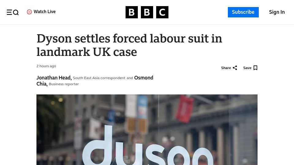Screenshot of bbc.com: Dyson settles forced labour suit in landmark UK case