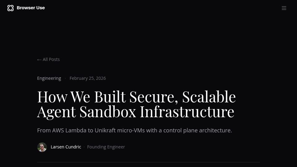 Screenshot of browser-use.com: Building secure, scalable agent sandbox infrastructure