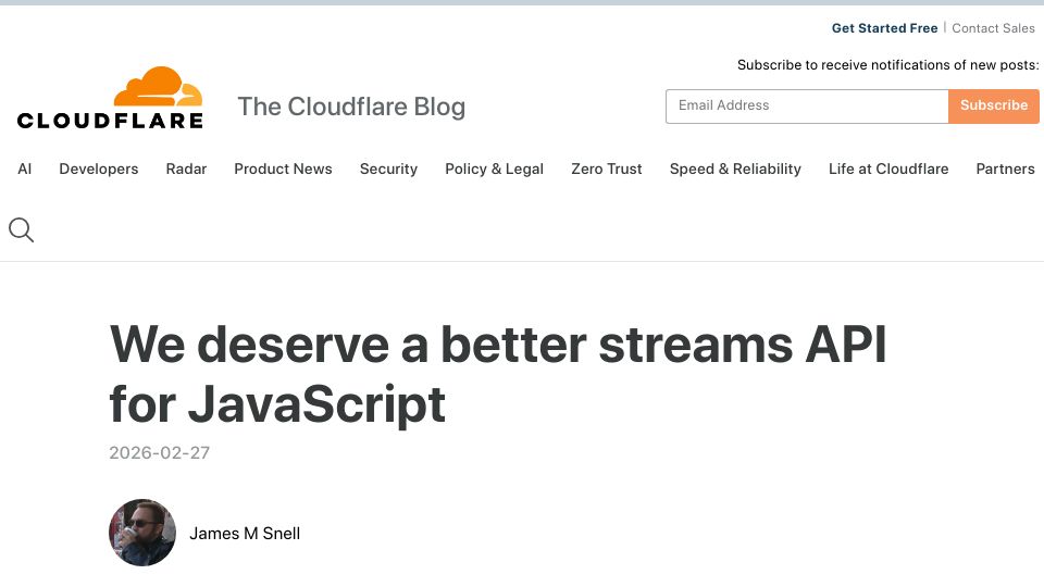 Screenshot of blog.cloudflare.com: A better streams API is possible for JavaScript