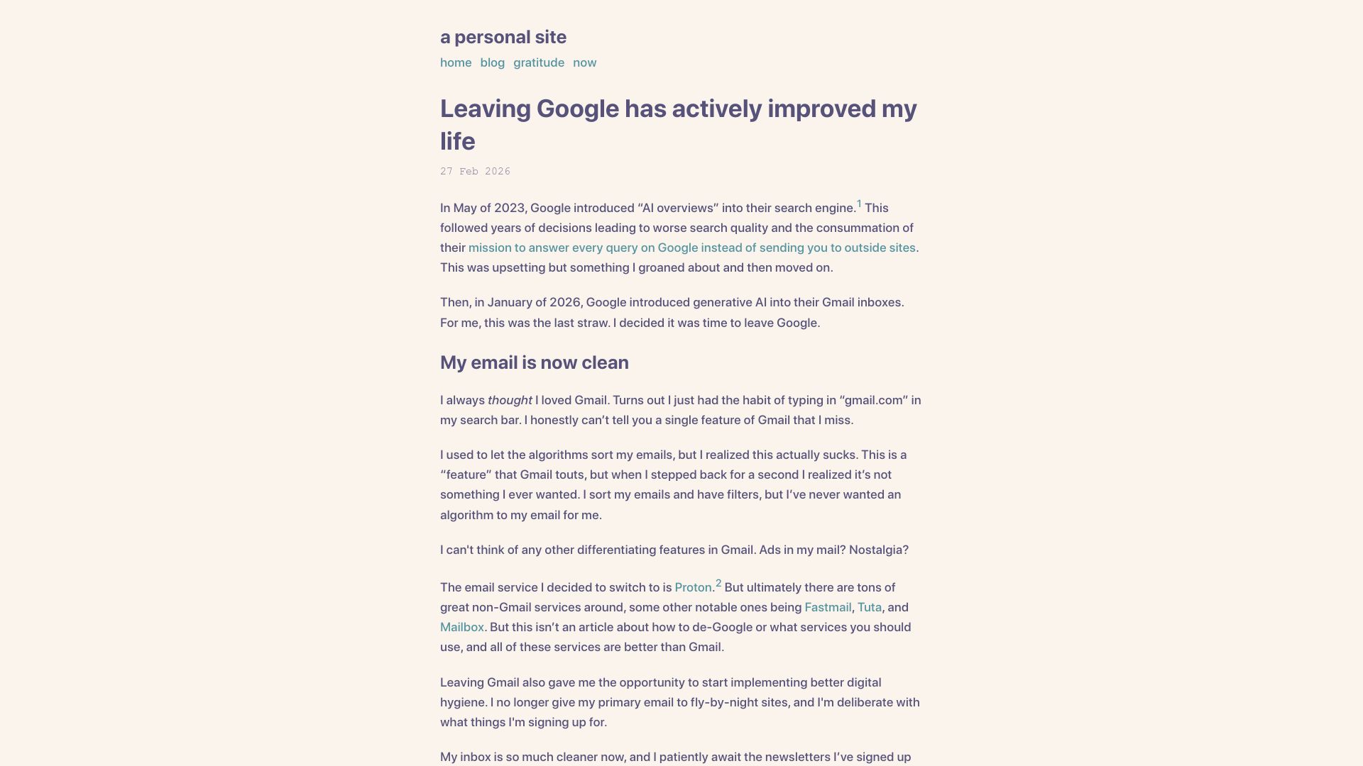 Screenshot of pseudosingleton.com: Leaving Google has actively improved my life