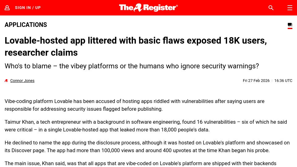 Screenshot of theregister.com: Vibe coded Lovable-hosted app littered with basic flaws exposed 18K users