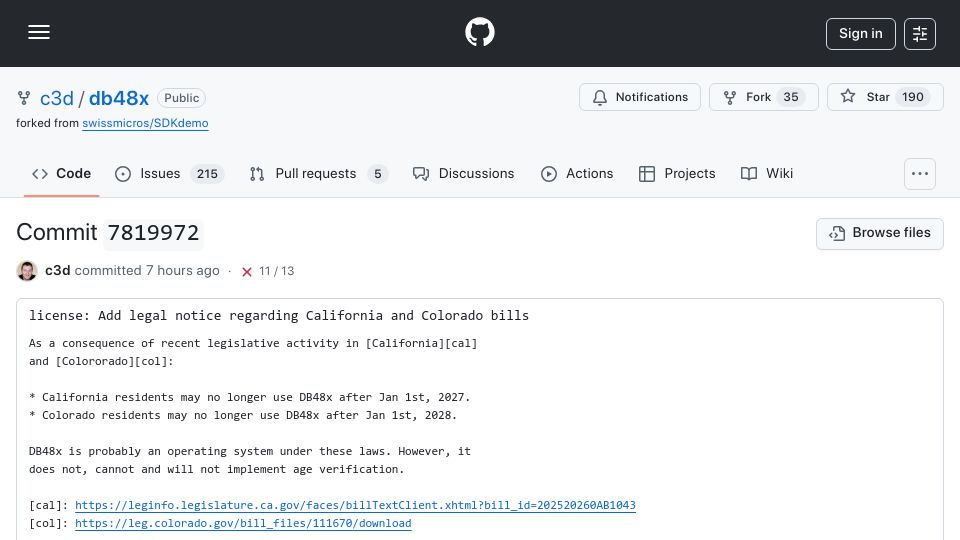 Screenshot of github.com: Open source calculator firmware DB48X forbids CA/CO use due to age verification