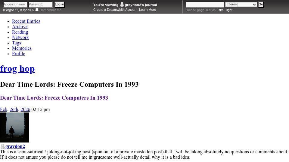 Screenshot of graydon2.dreamwidth.org: Dear Time Lords: Freeze Computers in 1993