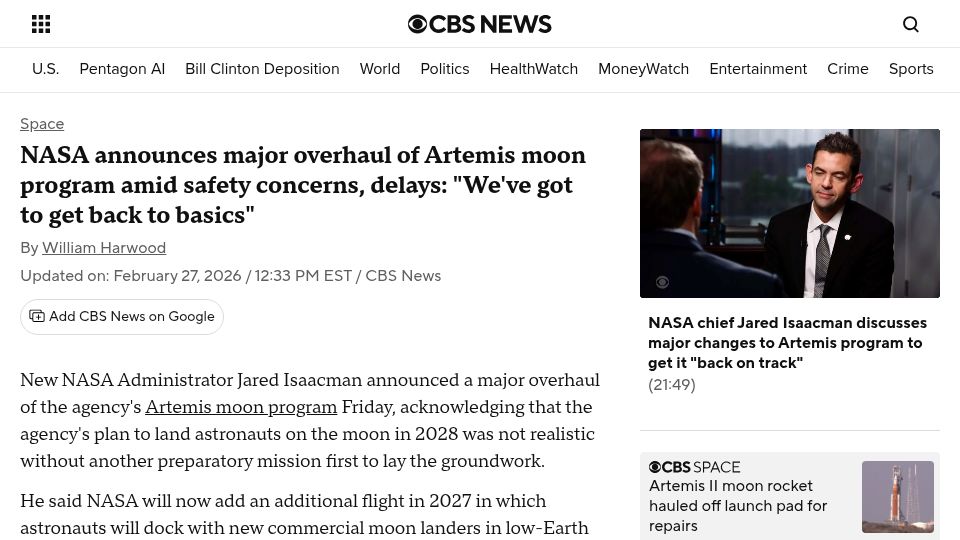 Screenshot of cbsnews.com: NASA announces overhaul of Artemis program amid safety concerns, delays