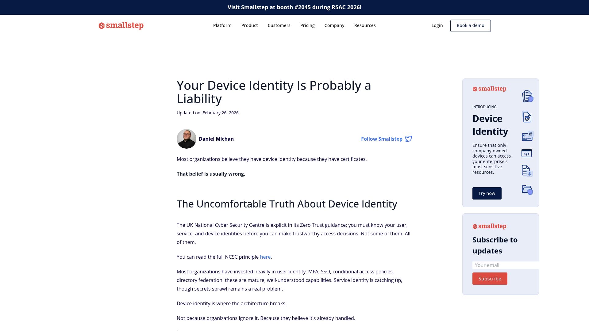 Screenshot of smallstep.com: Your Device Identity Is Probably a Liability