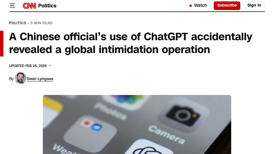 Screenshot of cnn.com: A Chinese official’s use of ChatGPT revealed an intimidation operation
