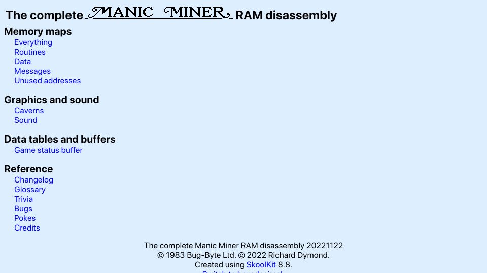 Screenshot of skoolkit.ca: The complete Manic Miner disassembly