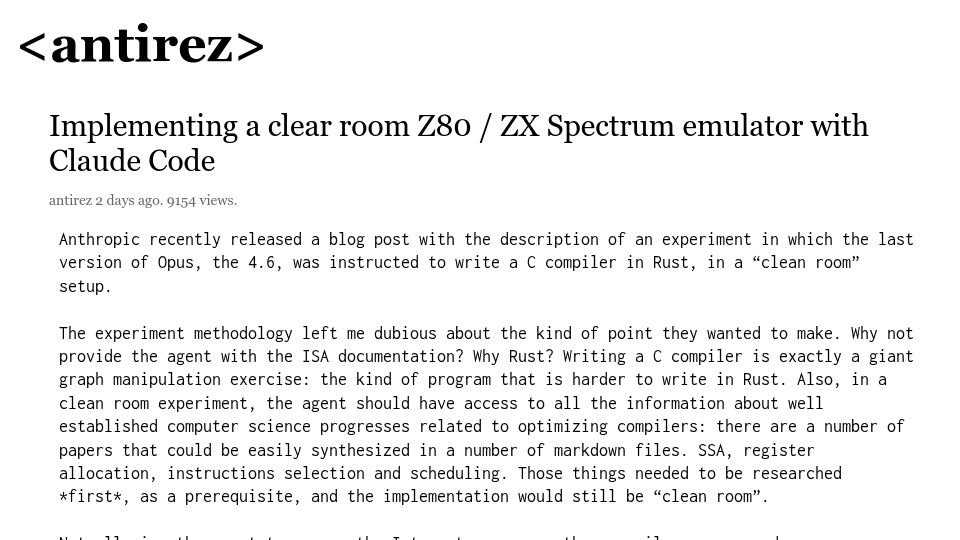 Screenshot of antirez.com: Implementing a Z80 / ZX Spectrum emulator with Claude Code