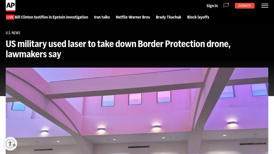 Screenshot of apnews.com: Lawmakers say US Military used laser to take down Border Protection drone in TX