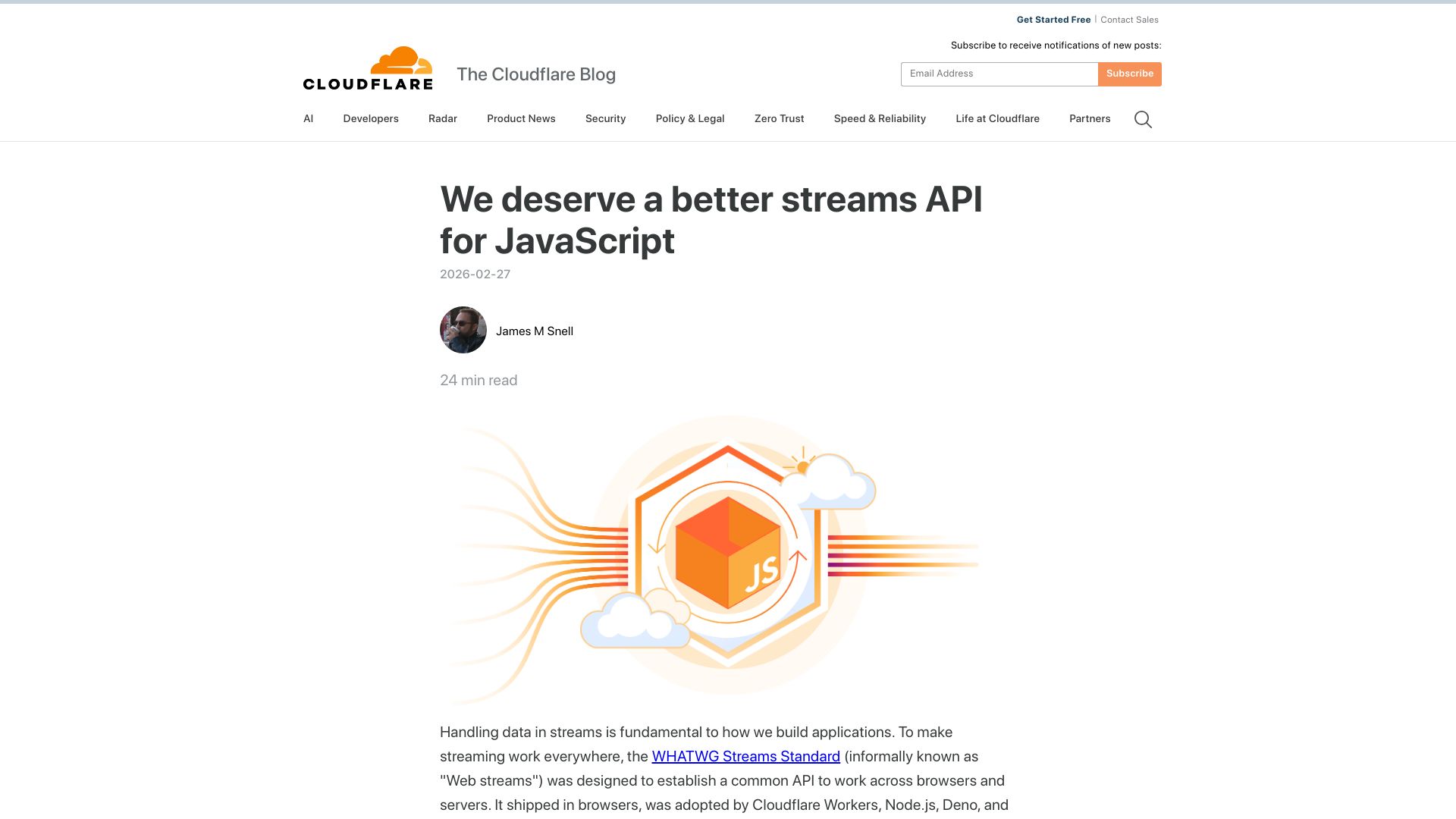 Screenshot of blog.cloudflare.com: A better streams API is possible for JavaScript