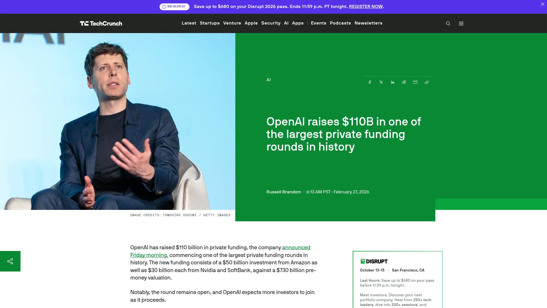 Screenshot of techcrunch.com: OpenAI raises $110B on $730B pre-money valuation