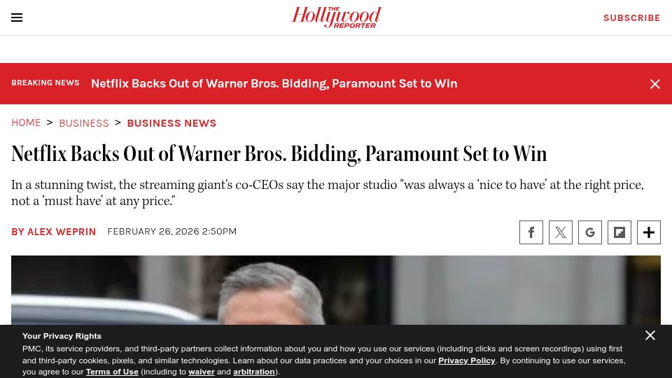 Screenshot of hollywoodreporter.com: Netflix Backs Out of Warner Bros. Bidding, Paramount Set to Win