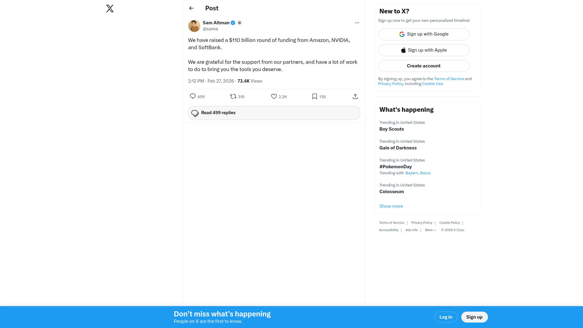 Screenshot of twitter.com: Sam Altman: We raised a $110B round from Amazon, Nvidia, SoftBank