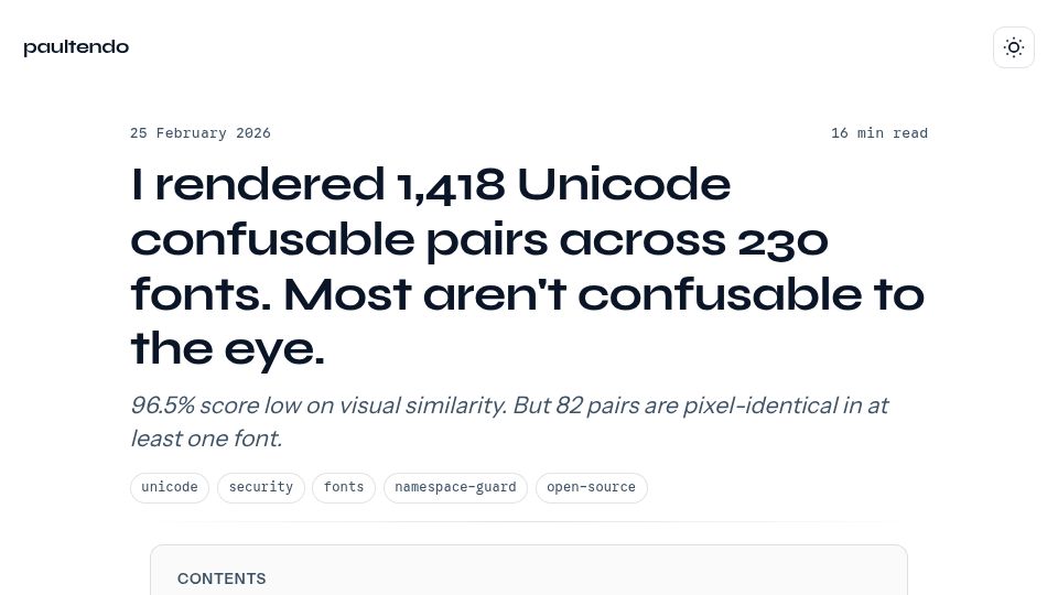 Screenshot of paultendo.github.io: I rendered 1,418 confusables over 230 fonts. Most aren't confusable to the eye